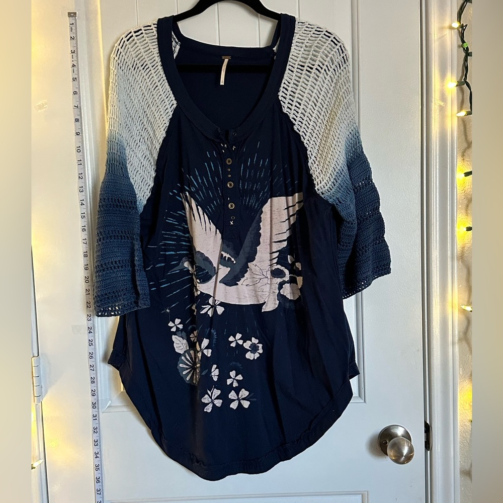 LG- Free People Navy Blue Women's Top with Bird Design